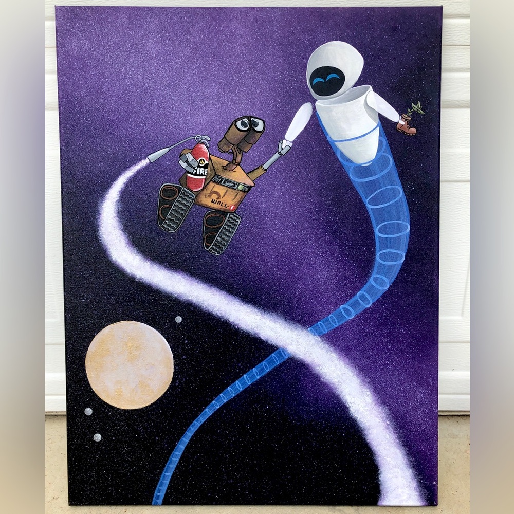 LARGE Beautifully Detailed Wall-E and Eve - Cartoon Painting